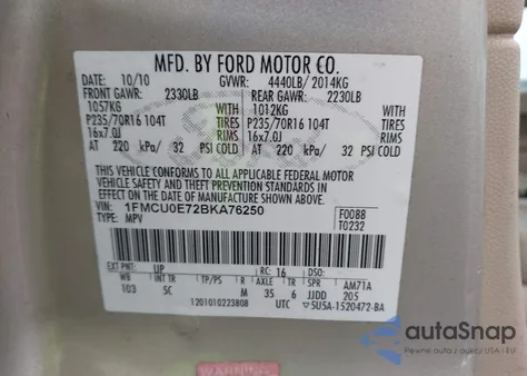 2011 Ford Escape Limited z USA, uszkodzony, nr VIN 1FMCU0E72BKA76250
